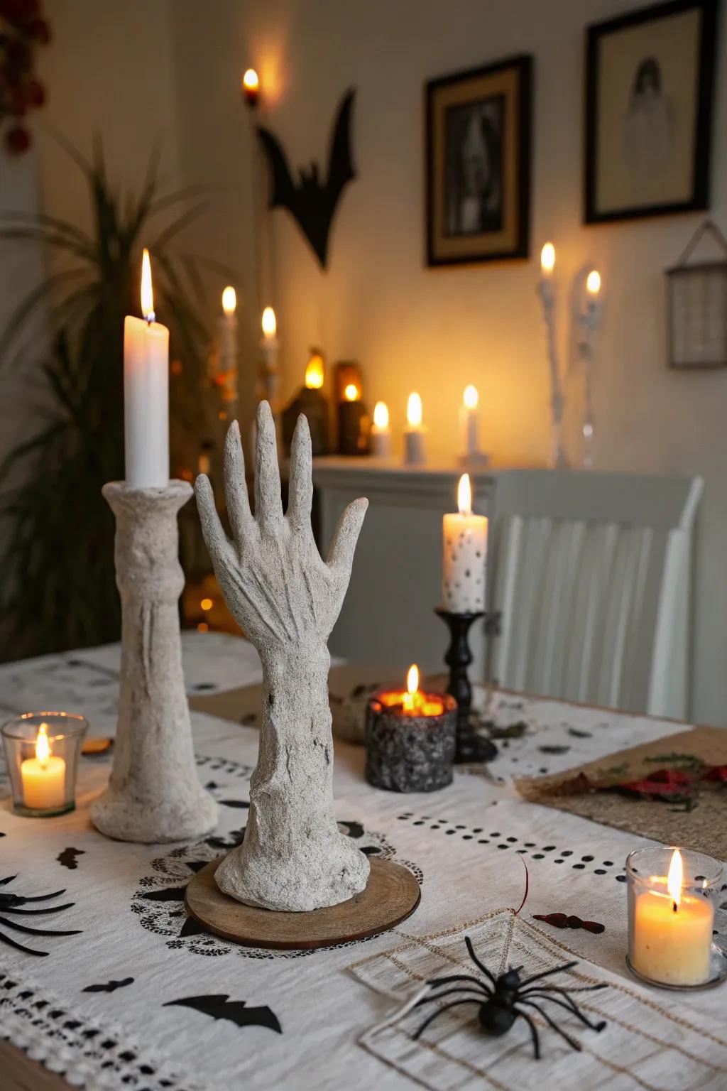 DIY plaster hands create a ghostly glow on this Halloween table.