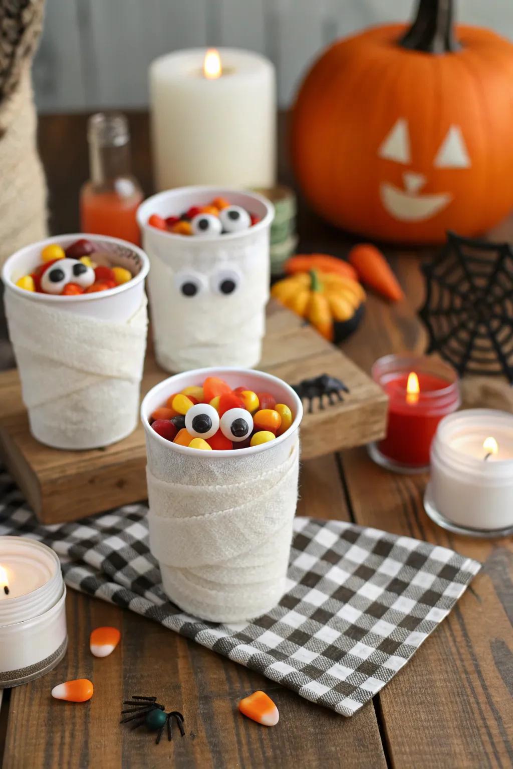 Adorable mummy treat cups filled with Halloween goodies.