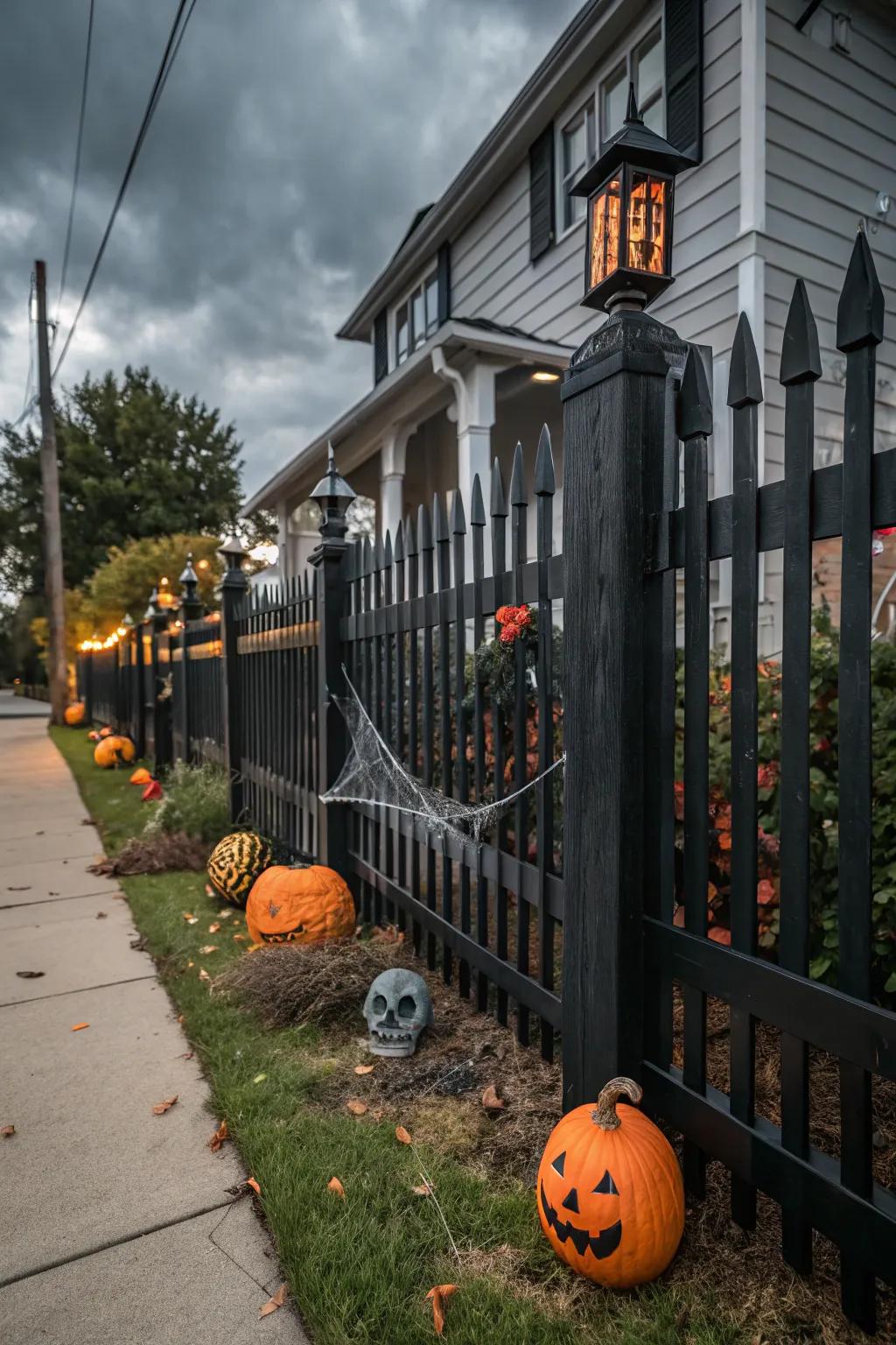 A DIY Gothic picket fence adds a spooky charm.