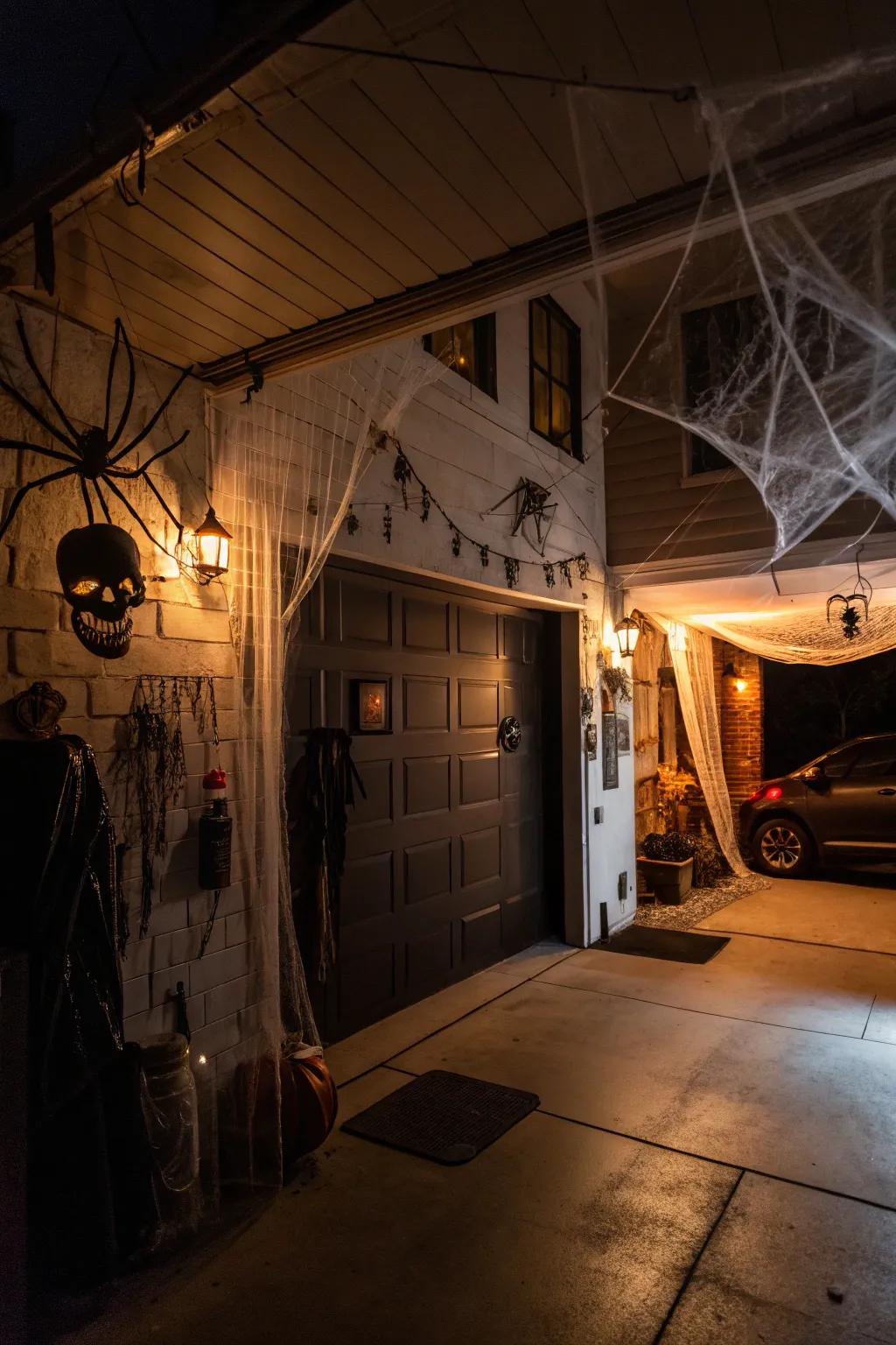 A spooky garage haunted house, complete with cobwebs and skeletons.