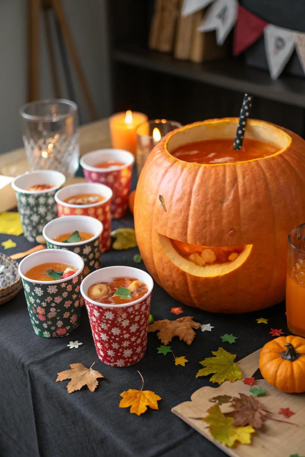 A pumpkin punch bowl adds a festive flair to your beverage station.