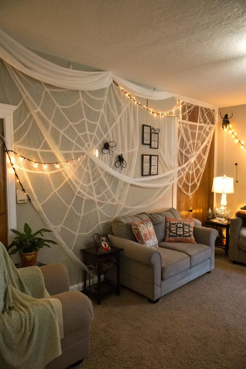 DIY spider webs add a spooky touch to your Halloween decor.