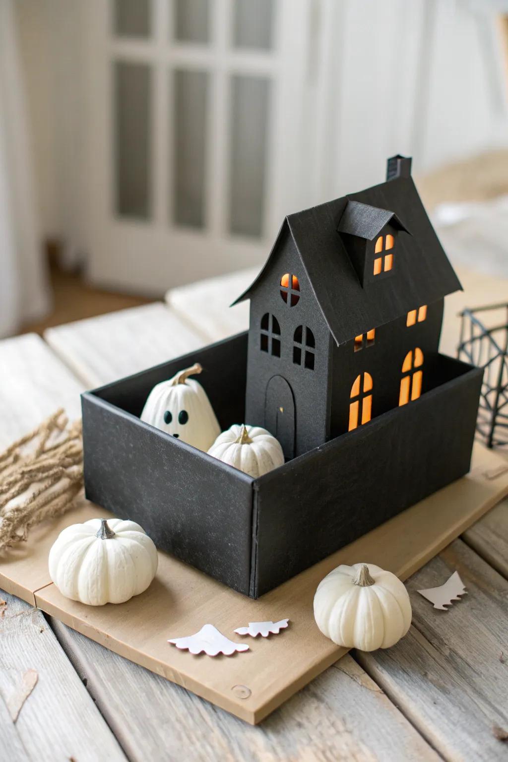 Transform a simple shoe box into a charming mini haunted house—perfect for adding a touch of spooky elegance to your decor!