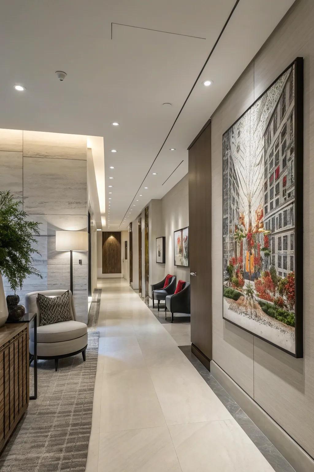 A large piece of artwork creates a stunning focal point in this modern hallway.