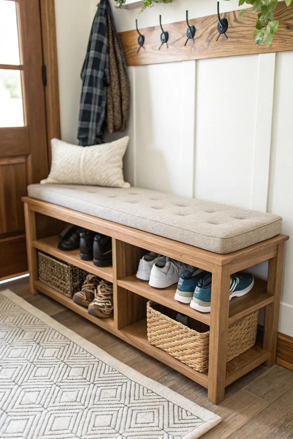 A multifunctional bench offers both seating and shoe storage.