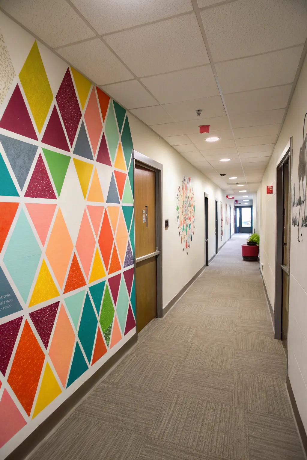 A geometric accent wall brightens up the hallway with playful shapes and colors.