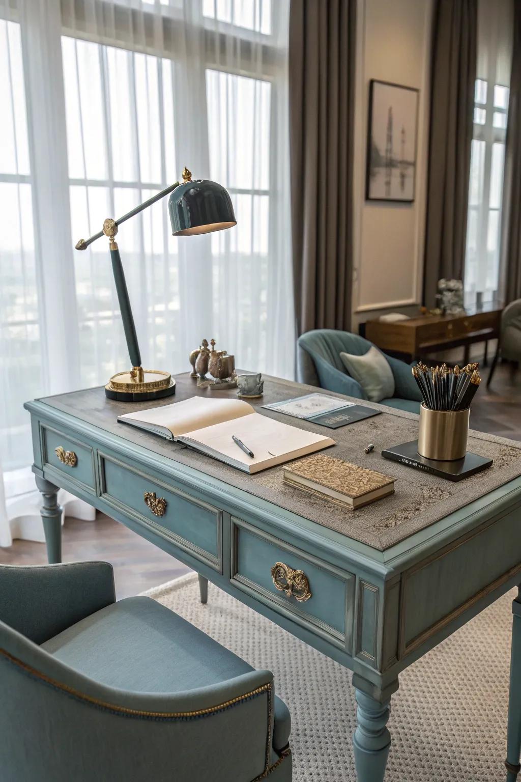 A vintage desk gets a fresh look with muddy blue paint.