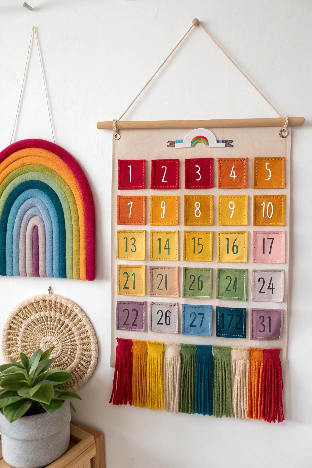 Brighten up your classroom with a playful and educational rainbow felt calendar!