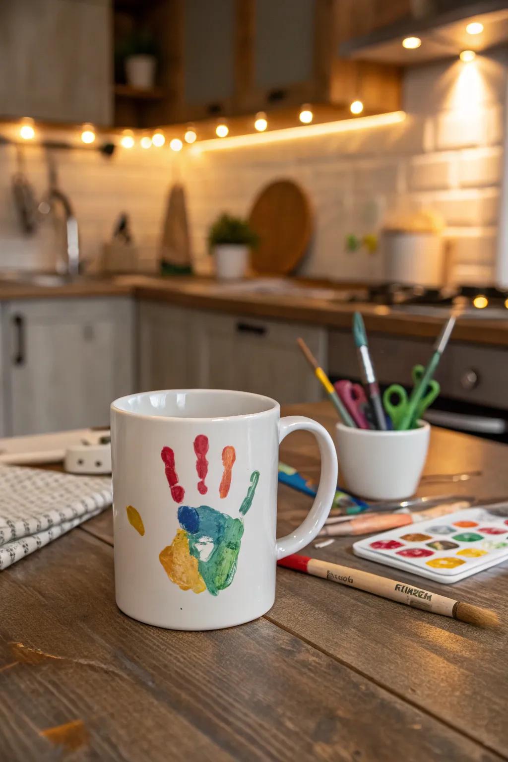 A classic handprint mug ready to bring joy to your mornings.