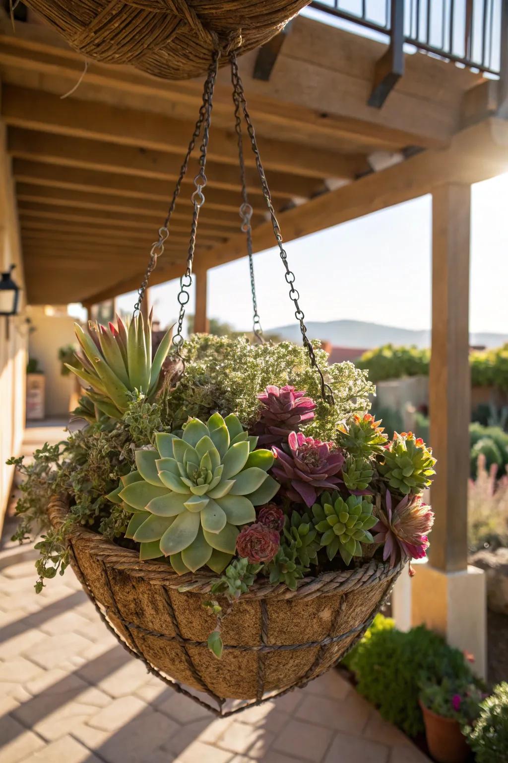 A succulent hanging basket that's both stylish and easy to care for.