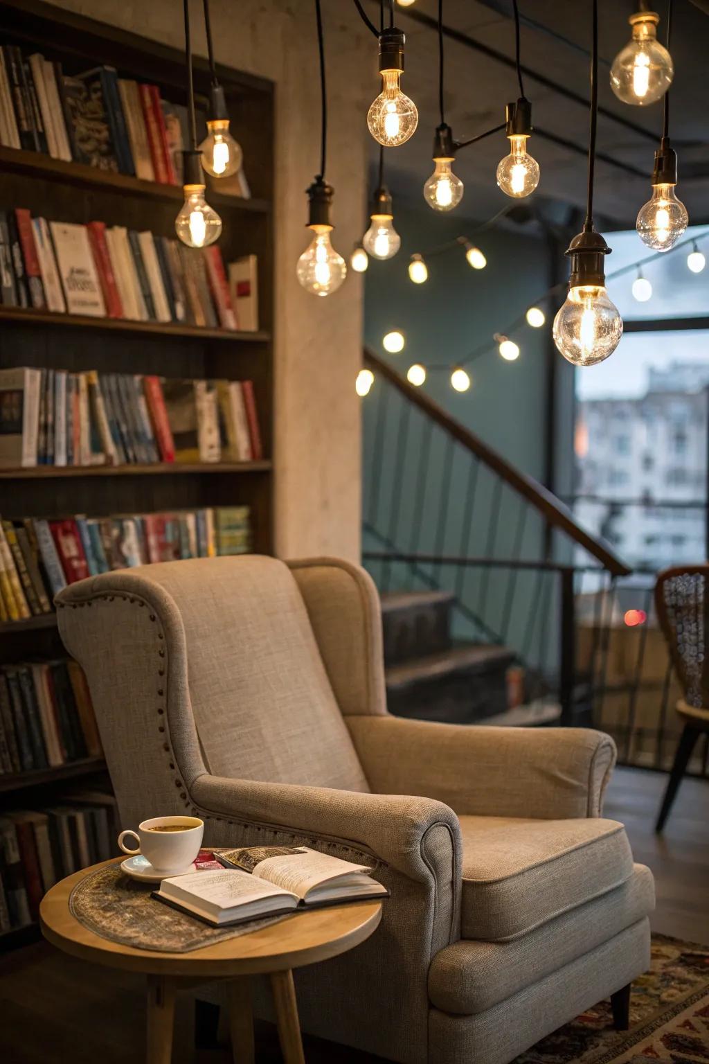 Transform a corner into a cozy reading nook with Edison bulbs.