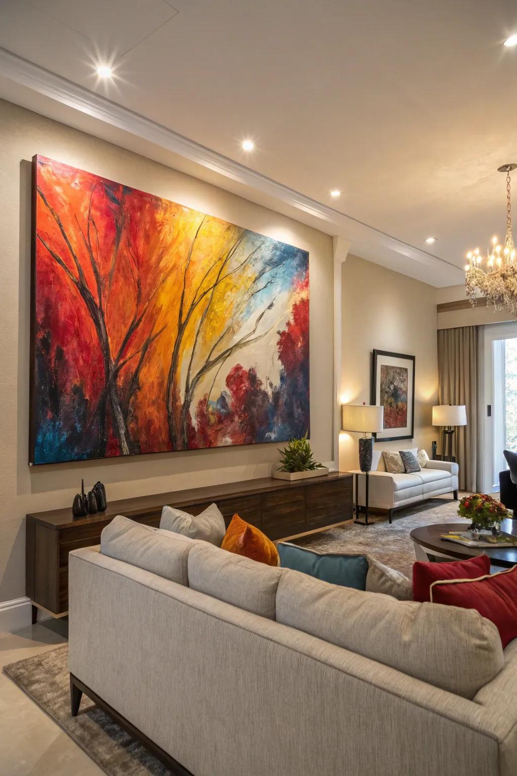 A vibrant abstract painting that adds a pop of color and joy to the living room.