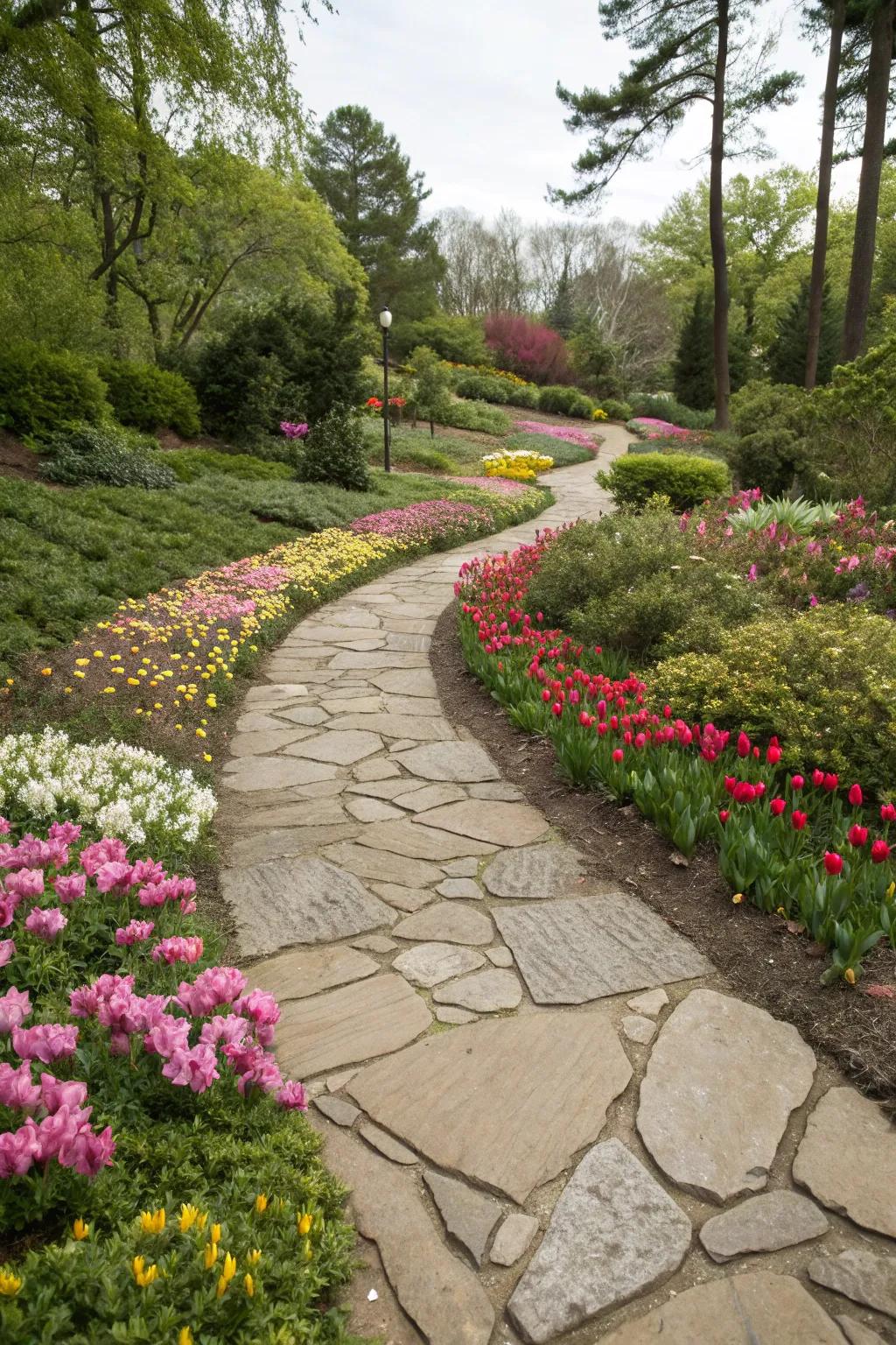 Stone pathways create a charming entrance to your flower garden.