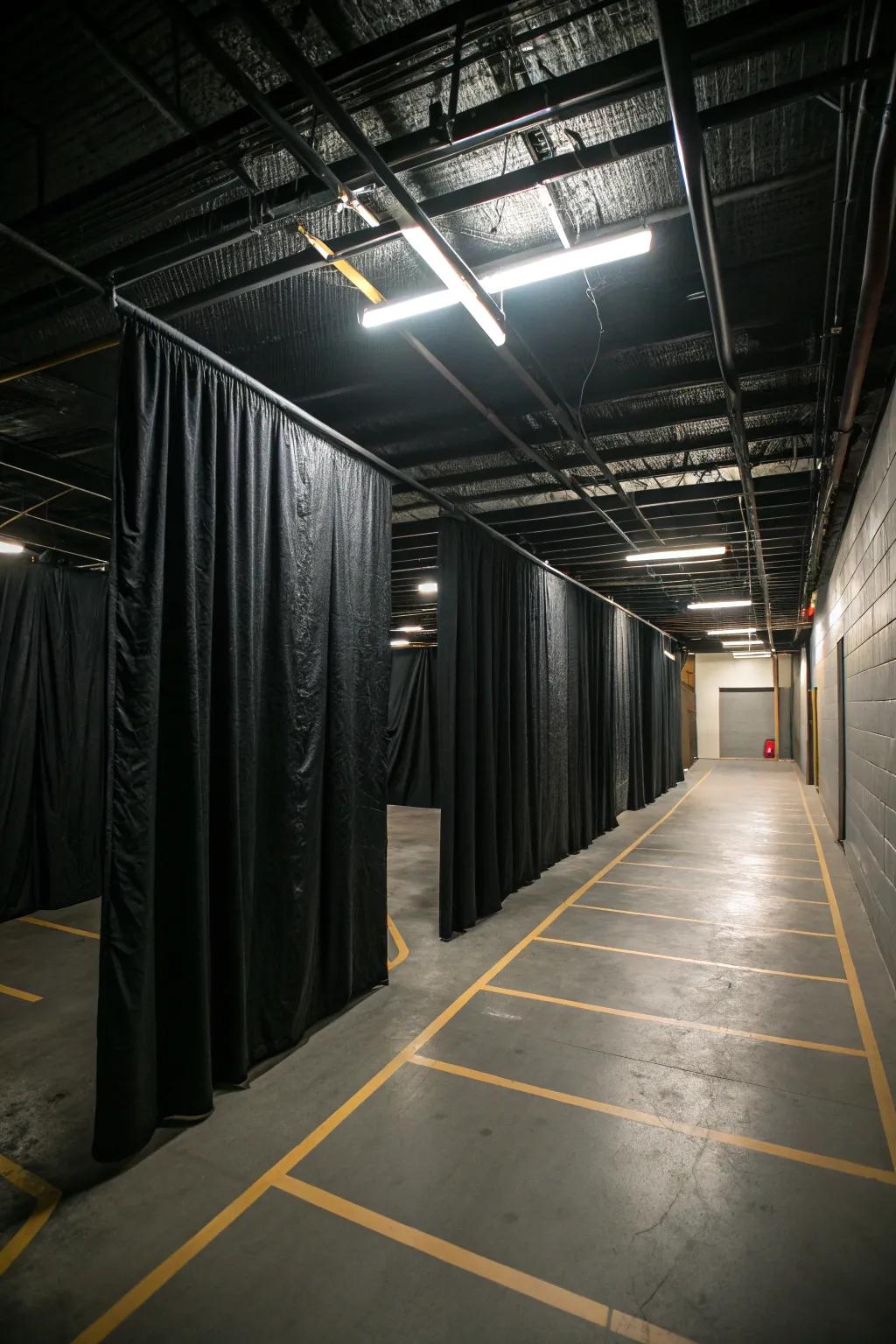 Black fabric walls create a maze that builds suspense.