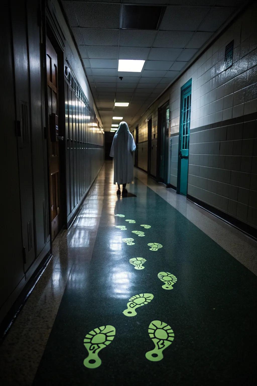 An eerie hallway with glowing footprints leading to a spectral figure.