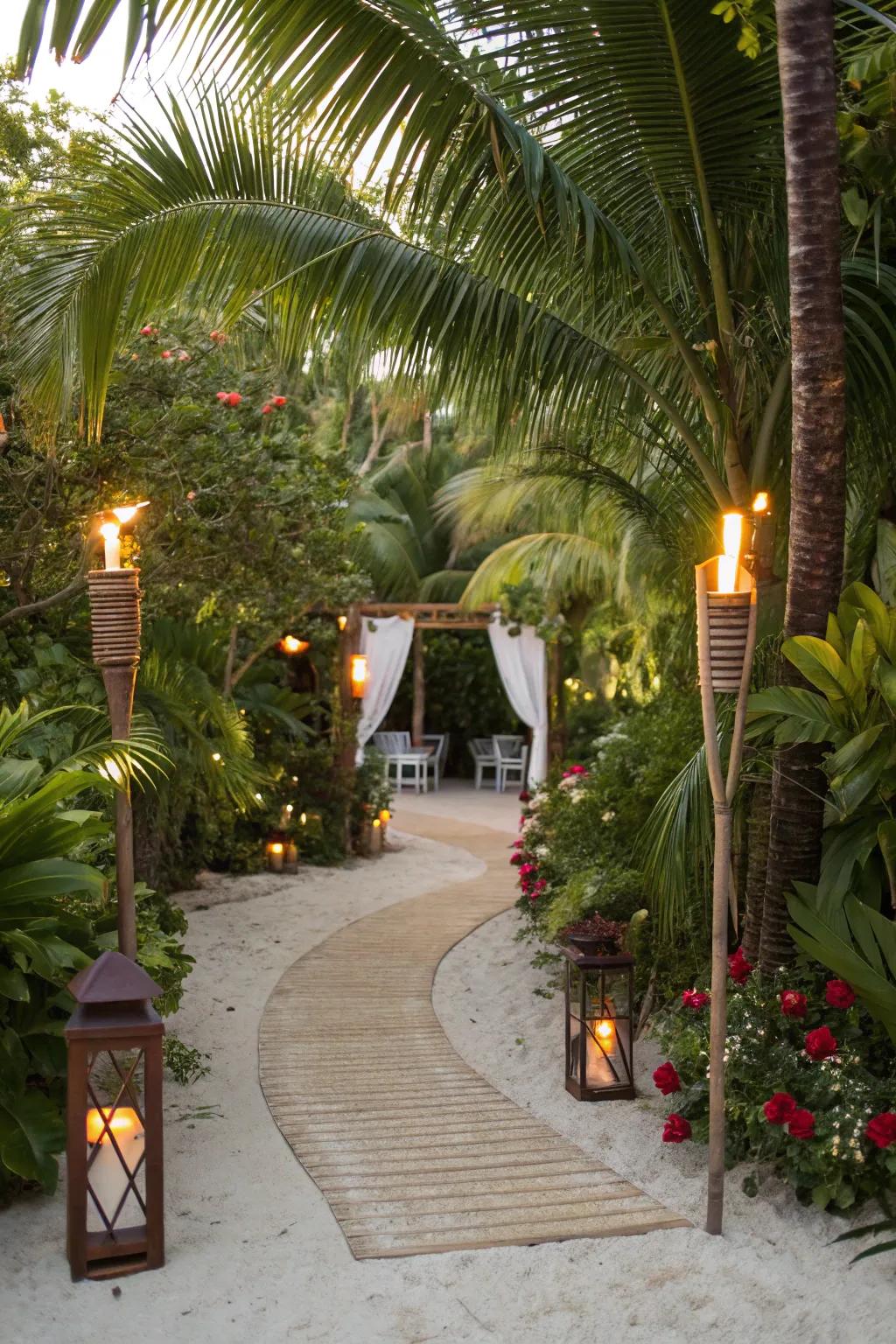 Create a tropical entrance that transports guests to a Hawaiian paradise.