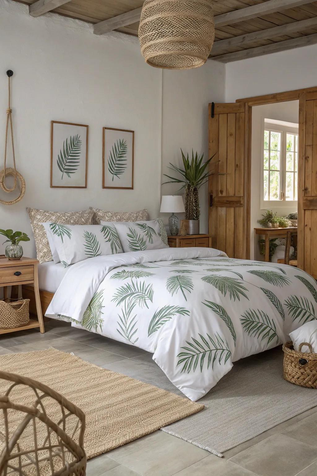 Palm leaves patterned bedding brings the lush tropics to your bedroom.