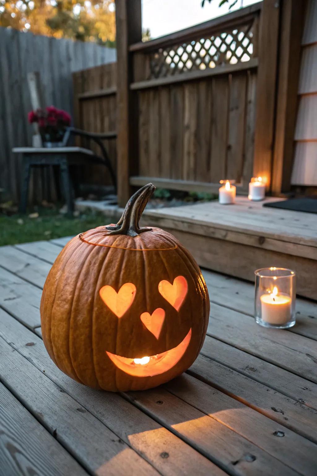 Classic Heart Eyes Pumpkin Glowing on a Wooden Porch