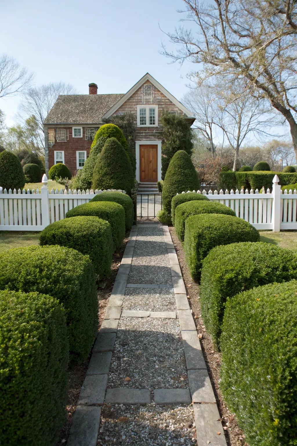 Neatly trimmed boxwood hedges adding elegance to a traditional home.