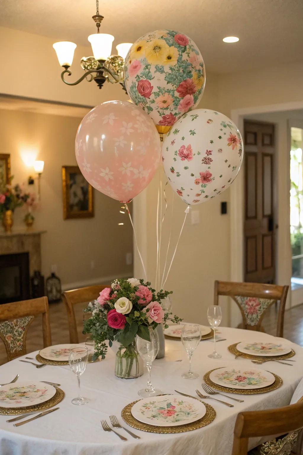 Floating floral helium balloon bouquets as enchanting table centerpieces.