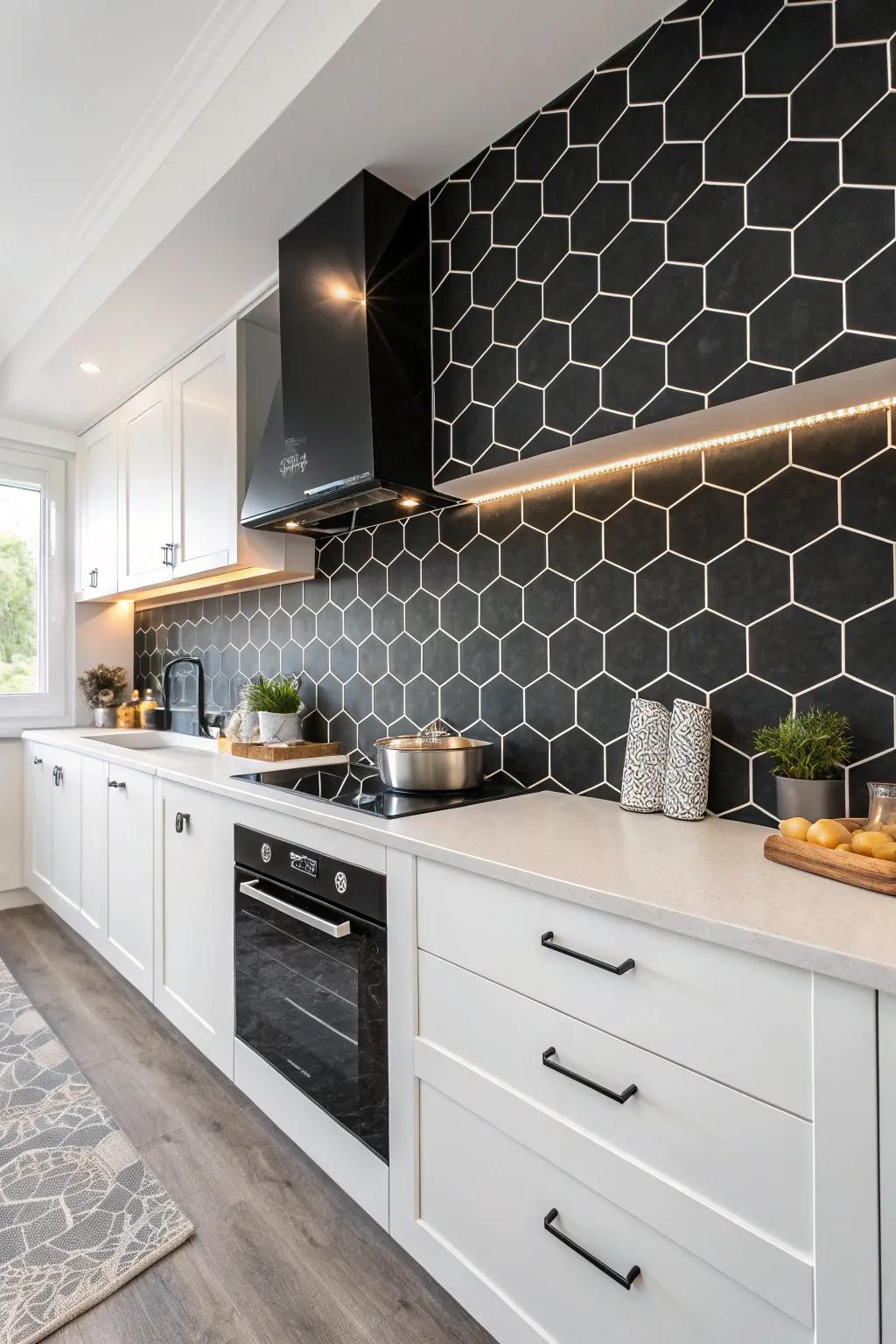 A hexagon backsplash brings a sleek look to your kitchen.