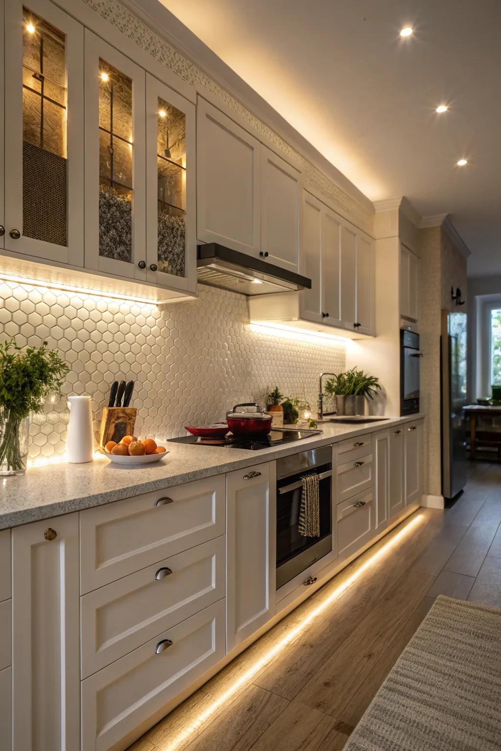 A modern kitchen with under-cabinet LED lighting.