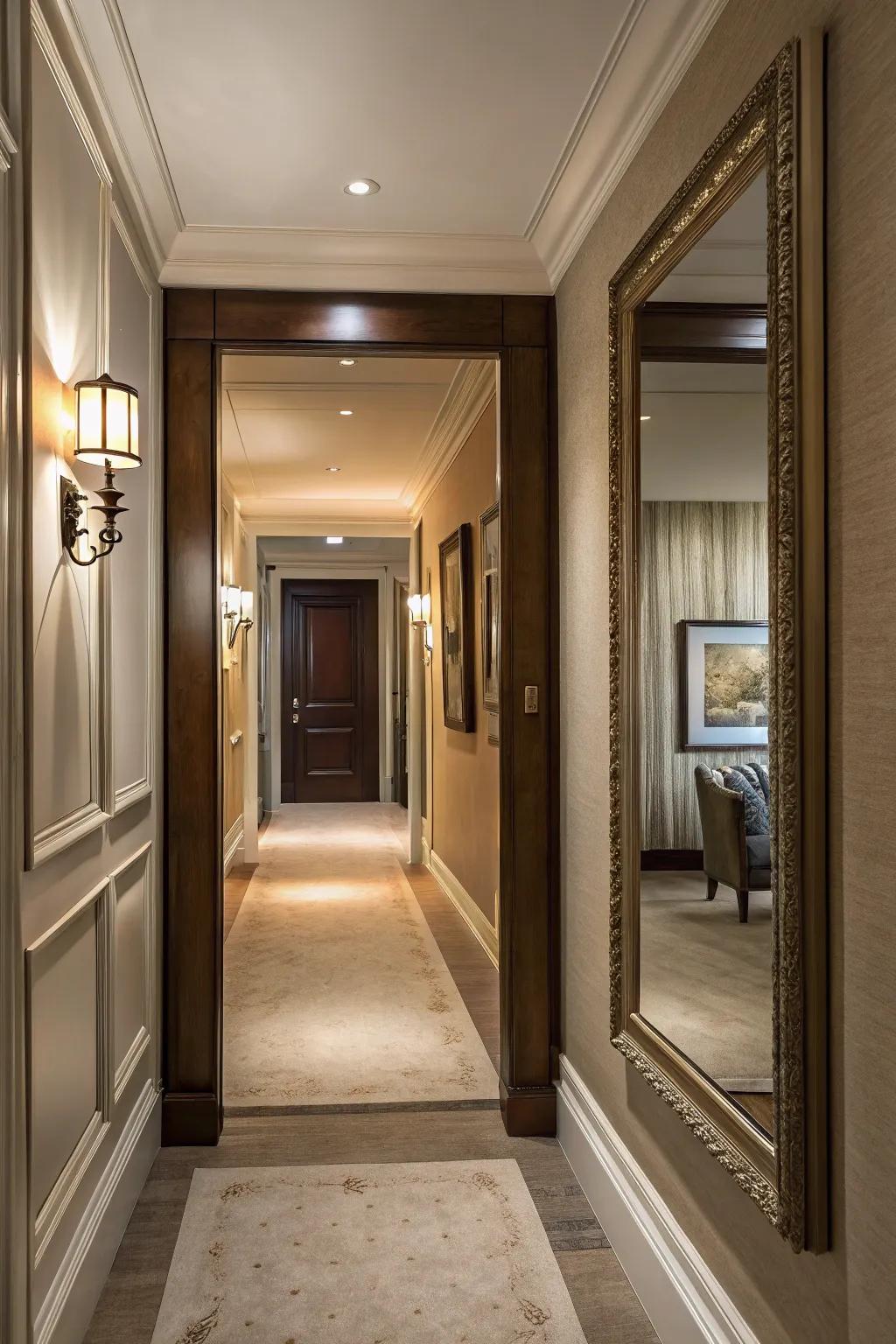 A hidden pocket door cleverly disguised as a mirror in a stylish hallway.