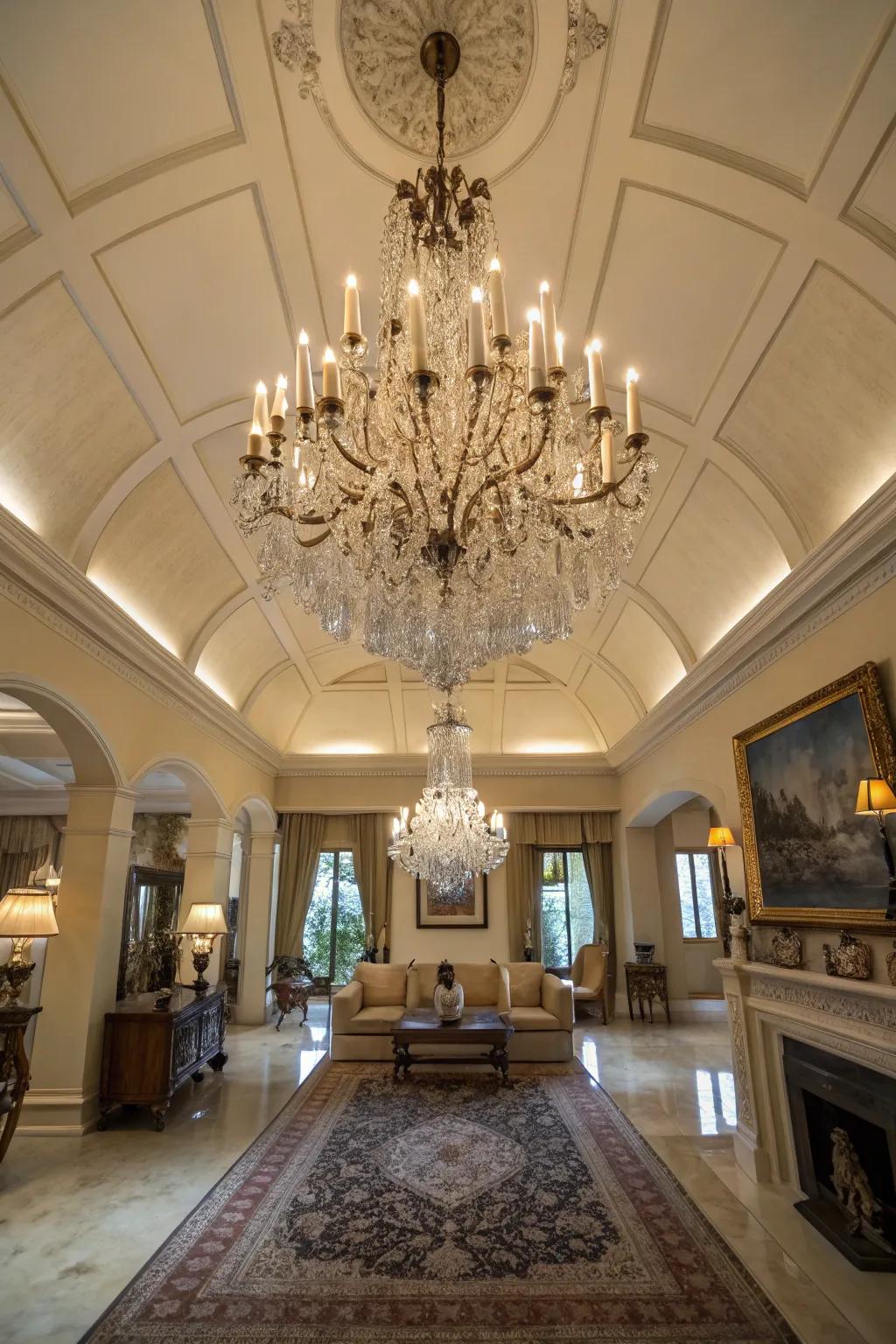 A stunning chandelier adds elegance to a high-ceilinged living room.