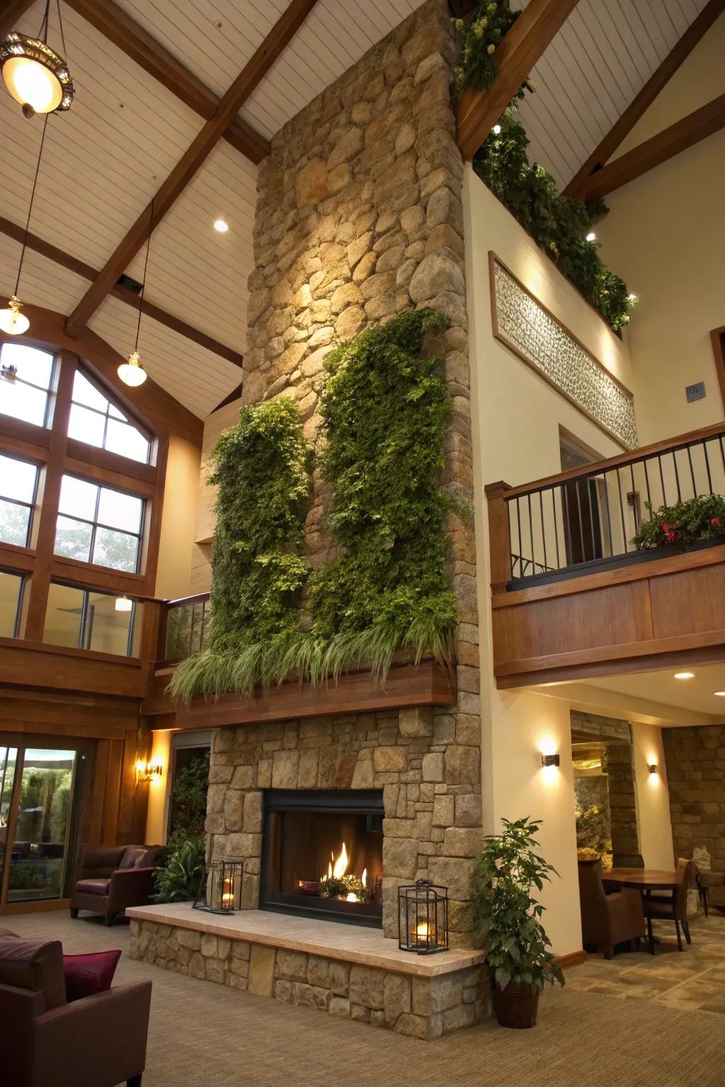 A fireplace adorned with a vertical garden, merging indoor comfort with outdoor serenity.