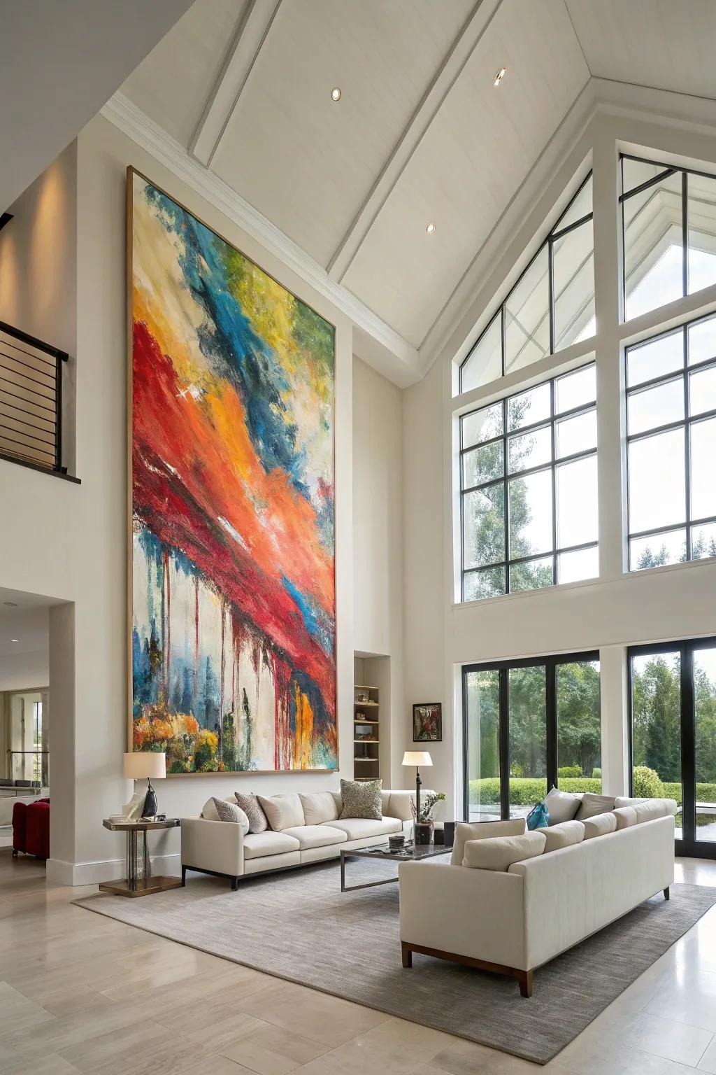 Oversized artwork creates a striking focal point on high walls.