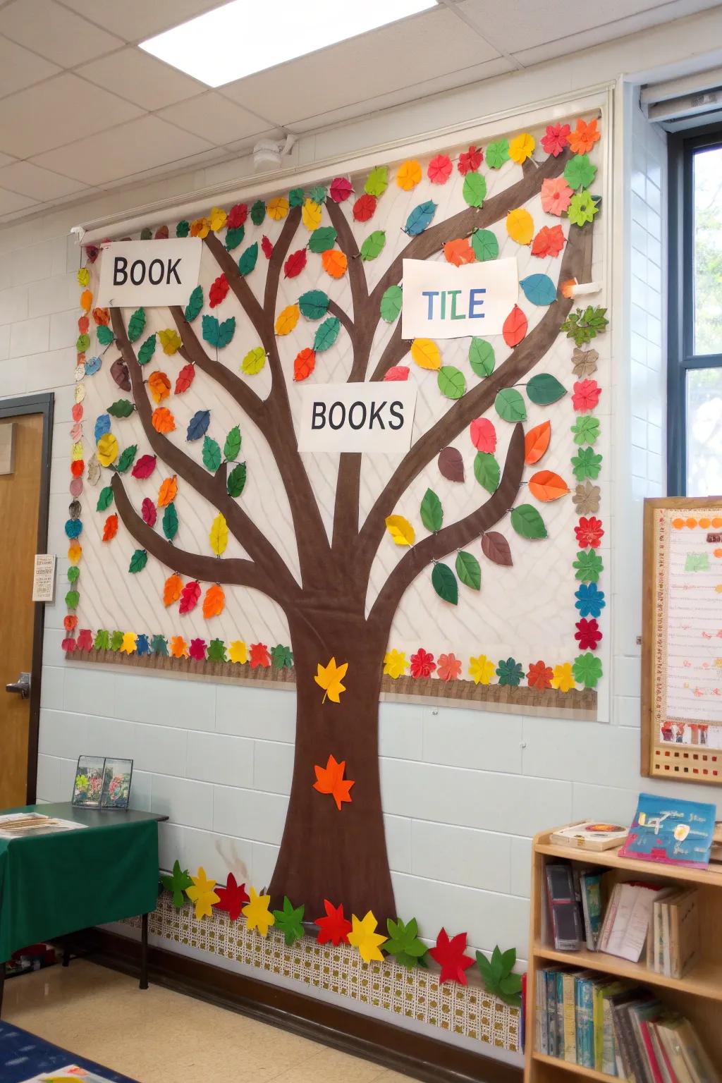 Inspire reading with a book-themed tree of leaves.