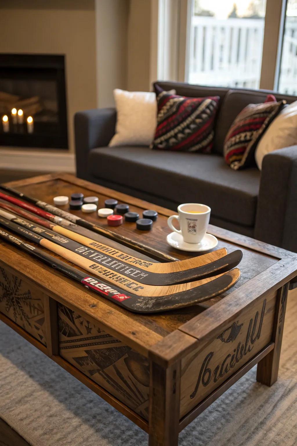 Elevate your living space with a hockey stick coffee table that's both a masterpiece and a conversation starter.
