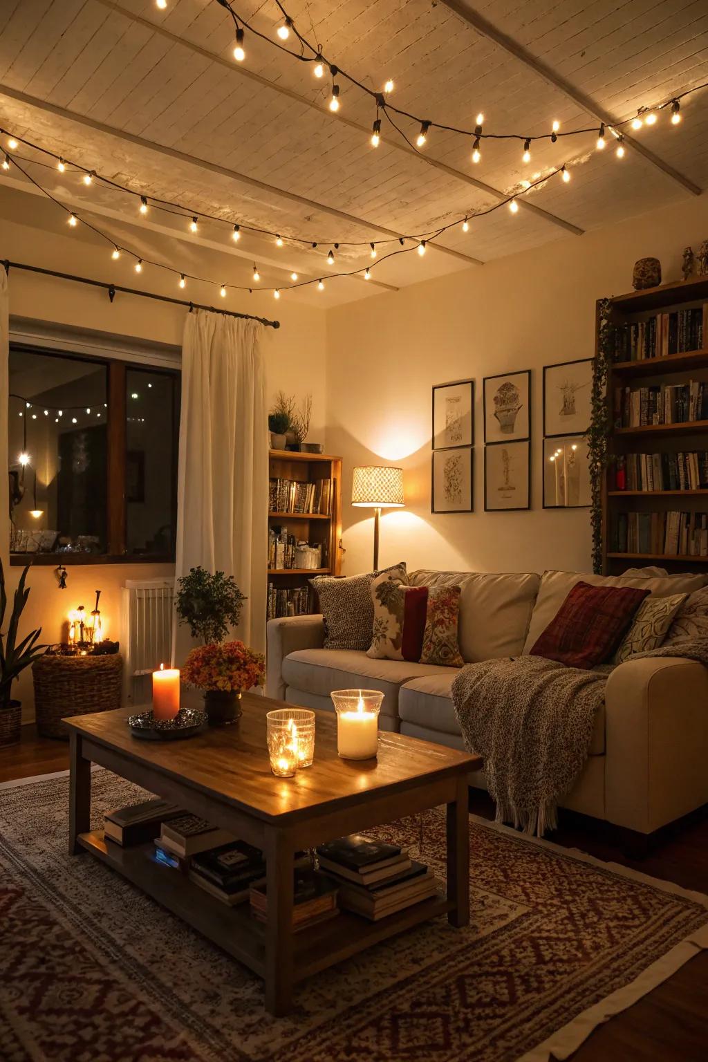 Layered lighting in a living room creates a cozy atmosphere.