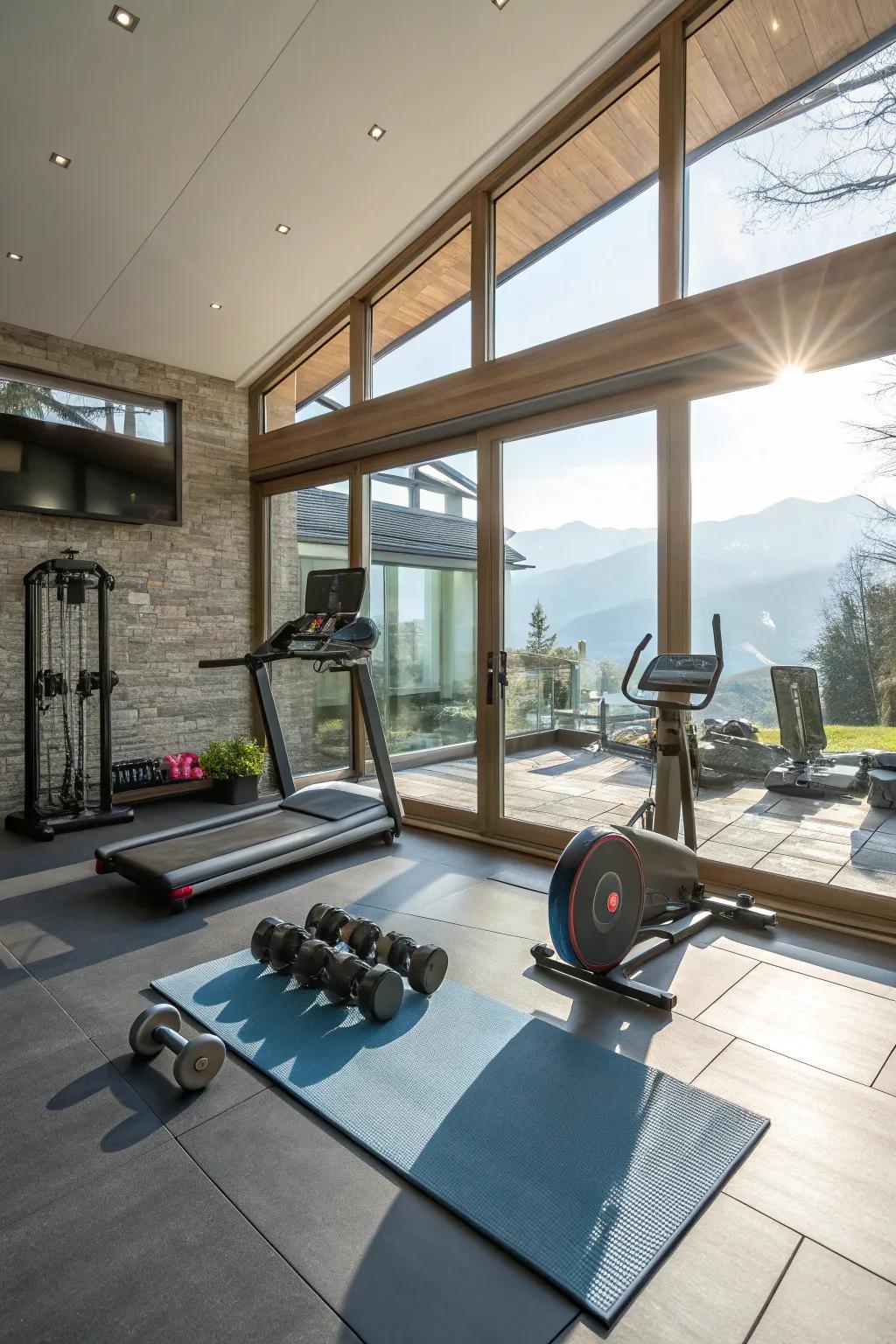 Natural light streaming into a home gym.