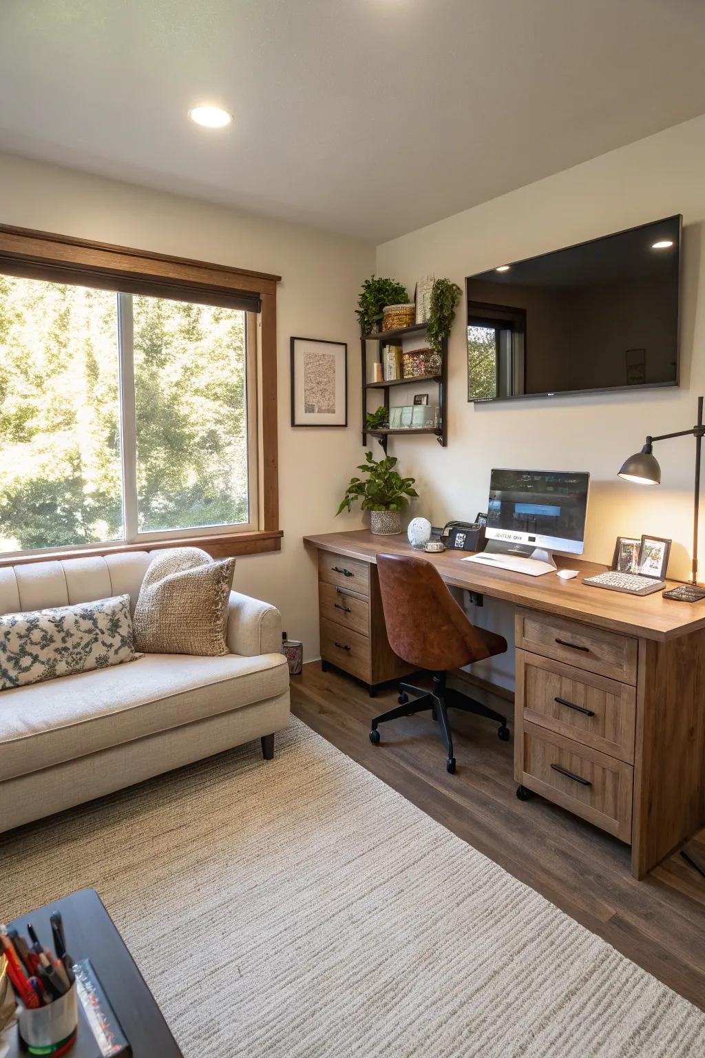 A couch artfully divides work and relaxation zones.