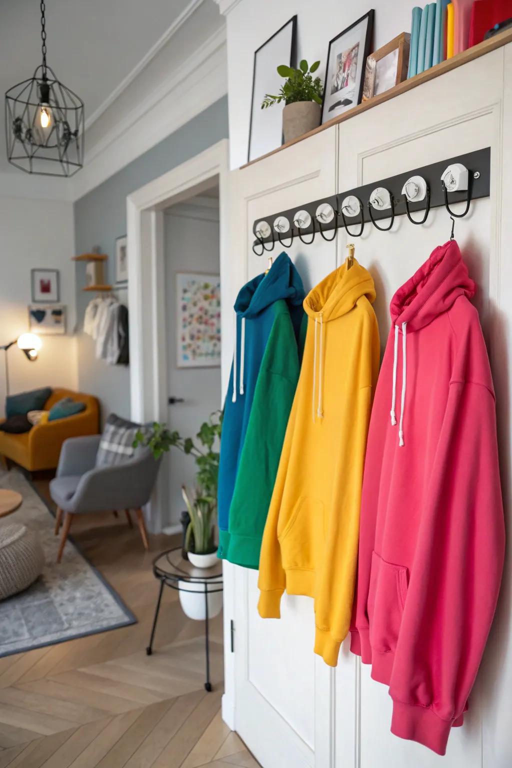 Over-the-door hooks provide practical and accessible storage for your hoodies.