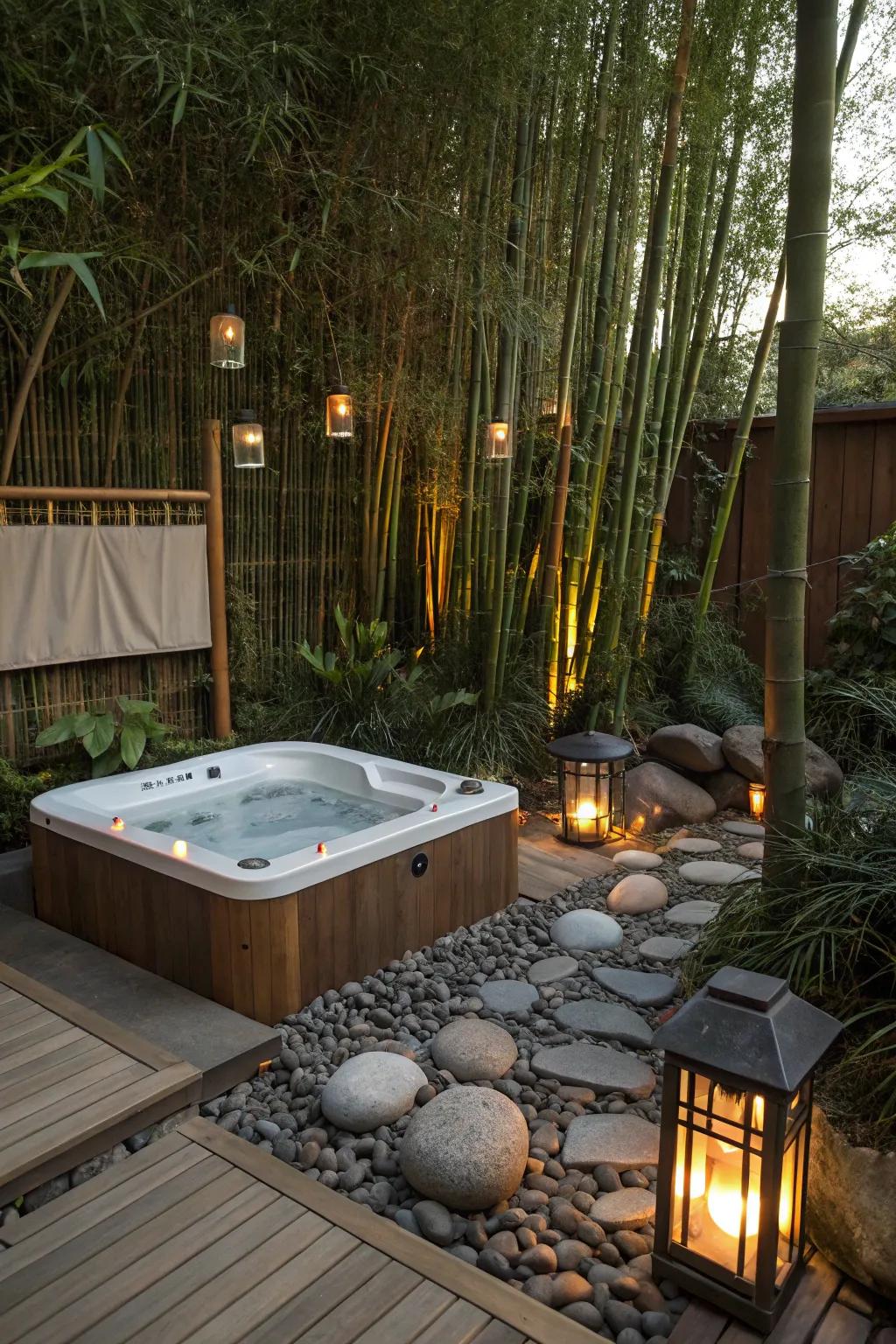 A Zen garden hot tub setup offers a peaceful retreat in your backyard.