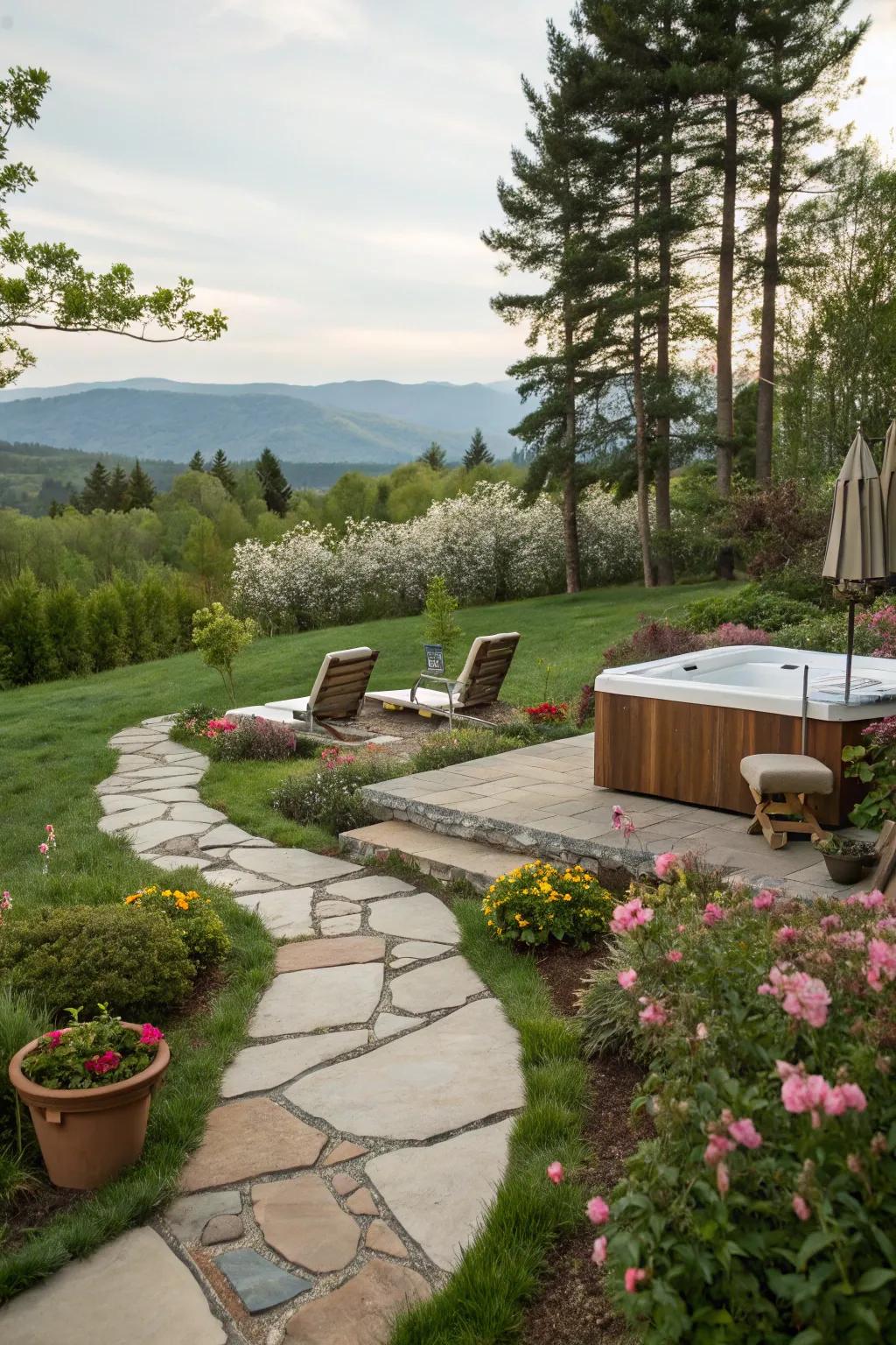 A charming stone pathway leading to a hot tub.