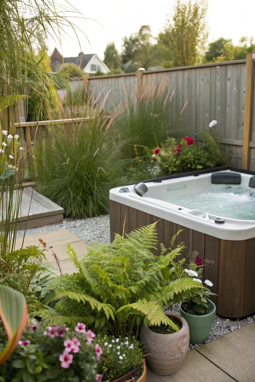 Create a lush garden retreat around your hot tub with a variety of plants.