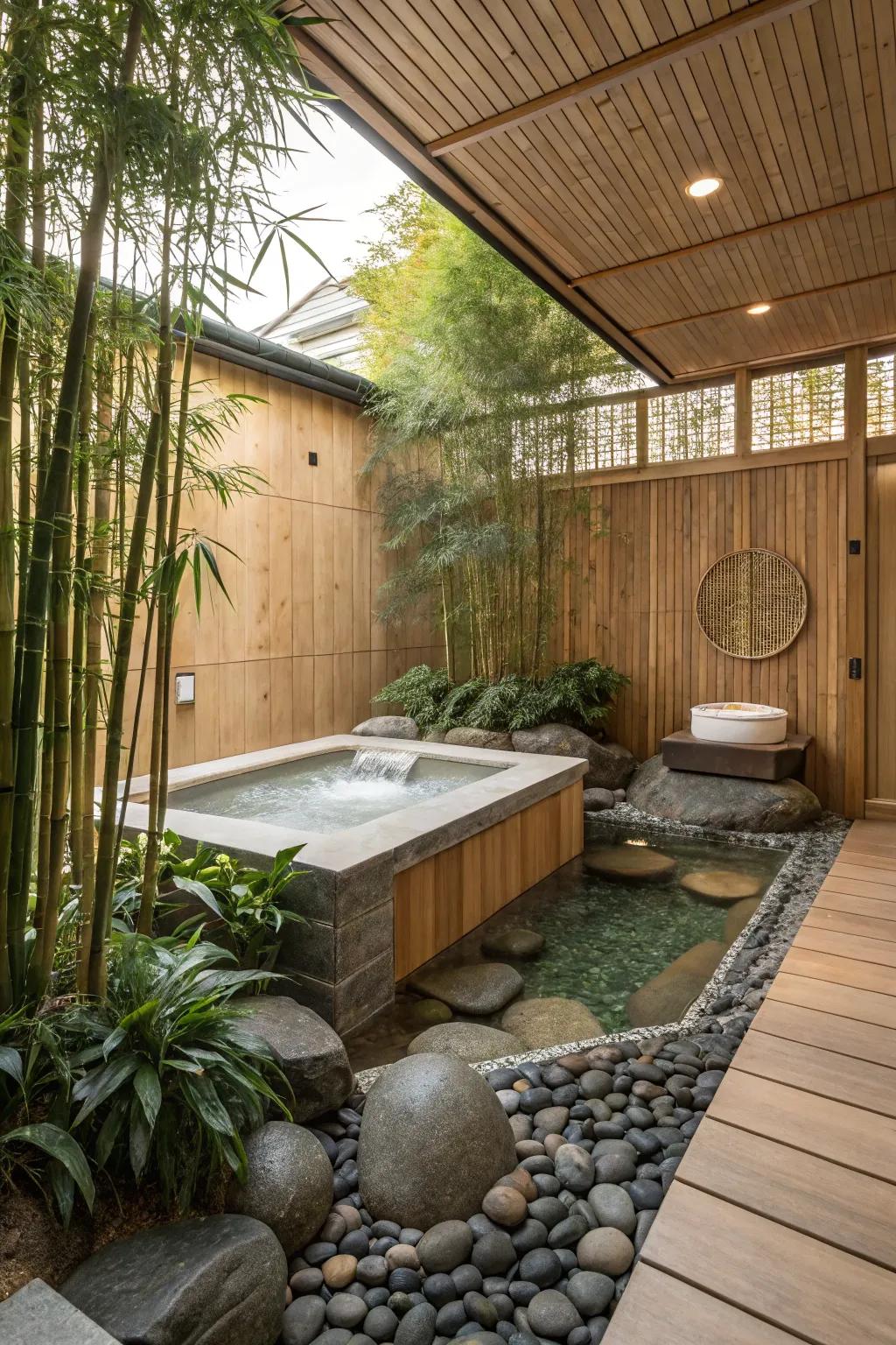 A Zen-inspired hot tub room with natural elements for ultimate relaxation.