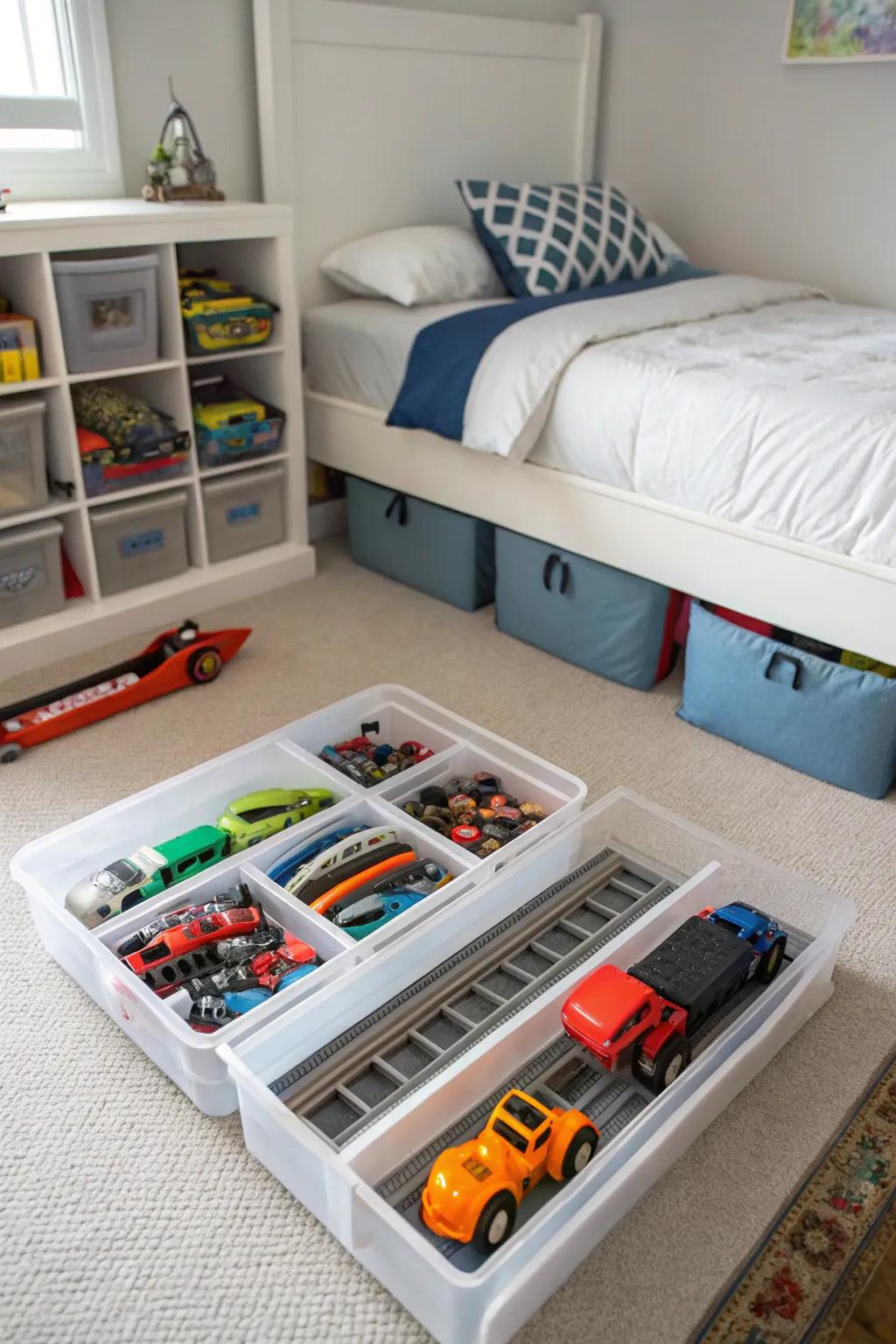 Underbed storage bins keep Hot Wheels organized and out of sight.