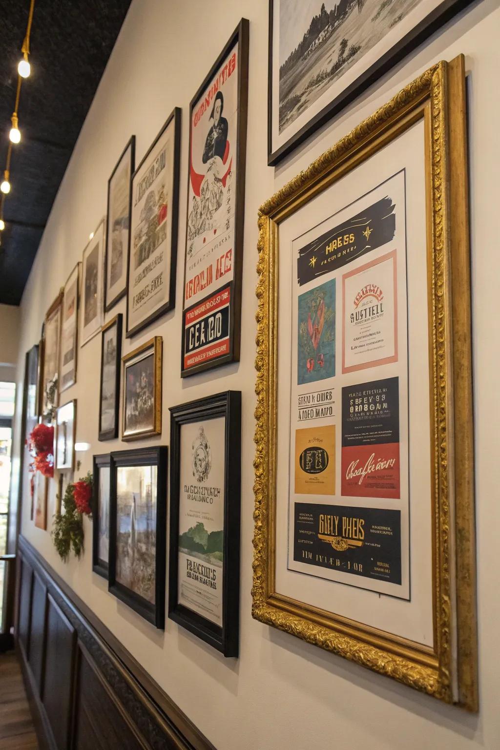 An eclectic gallery wall featuring posters in a variety of frames.