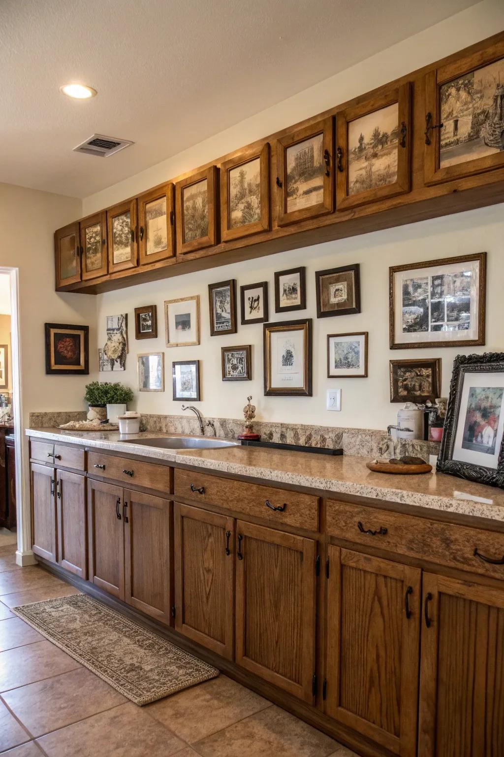 Vintage frames add a nostalgic charm above kitchen cabinets.