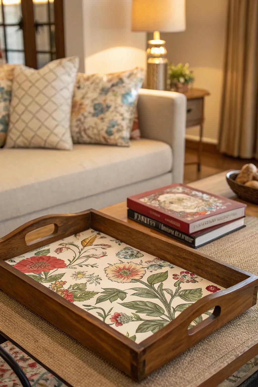 A simple wooden tray is elevated with a beautiful floral decoupage.