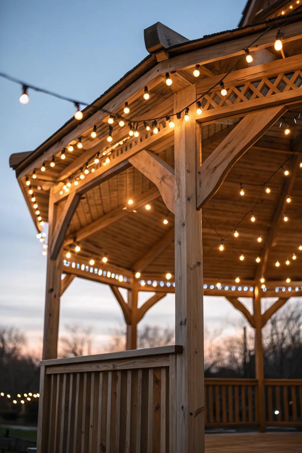 Illuminate your gazebo with zig-zag string lights for a touch of rustic elegance.