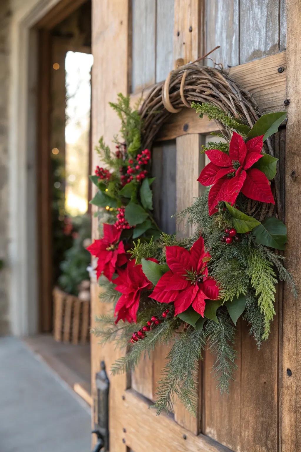 A traditional grapevine poinsettia wreath on a rustic door.