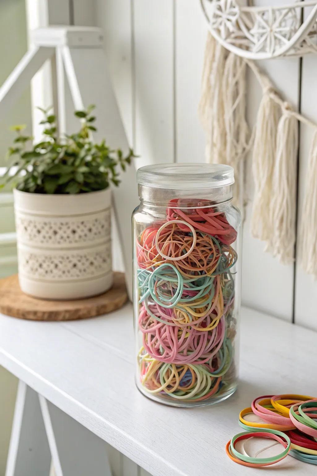 Transform chaos into charm: Organize your rubber bands with style using clear jars.