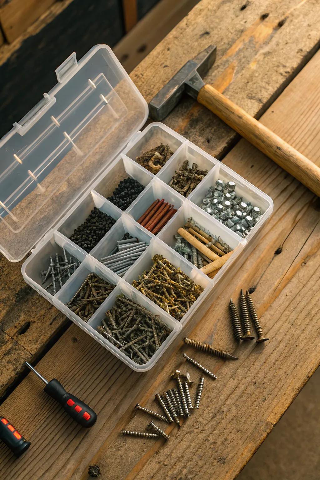 Master the art of organization with divided plastic containers for your hardware essentials.
