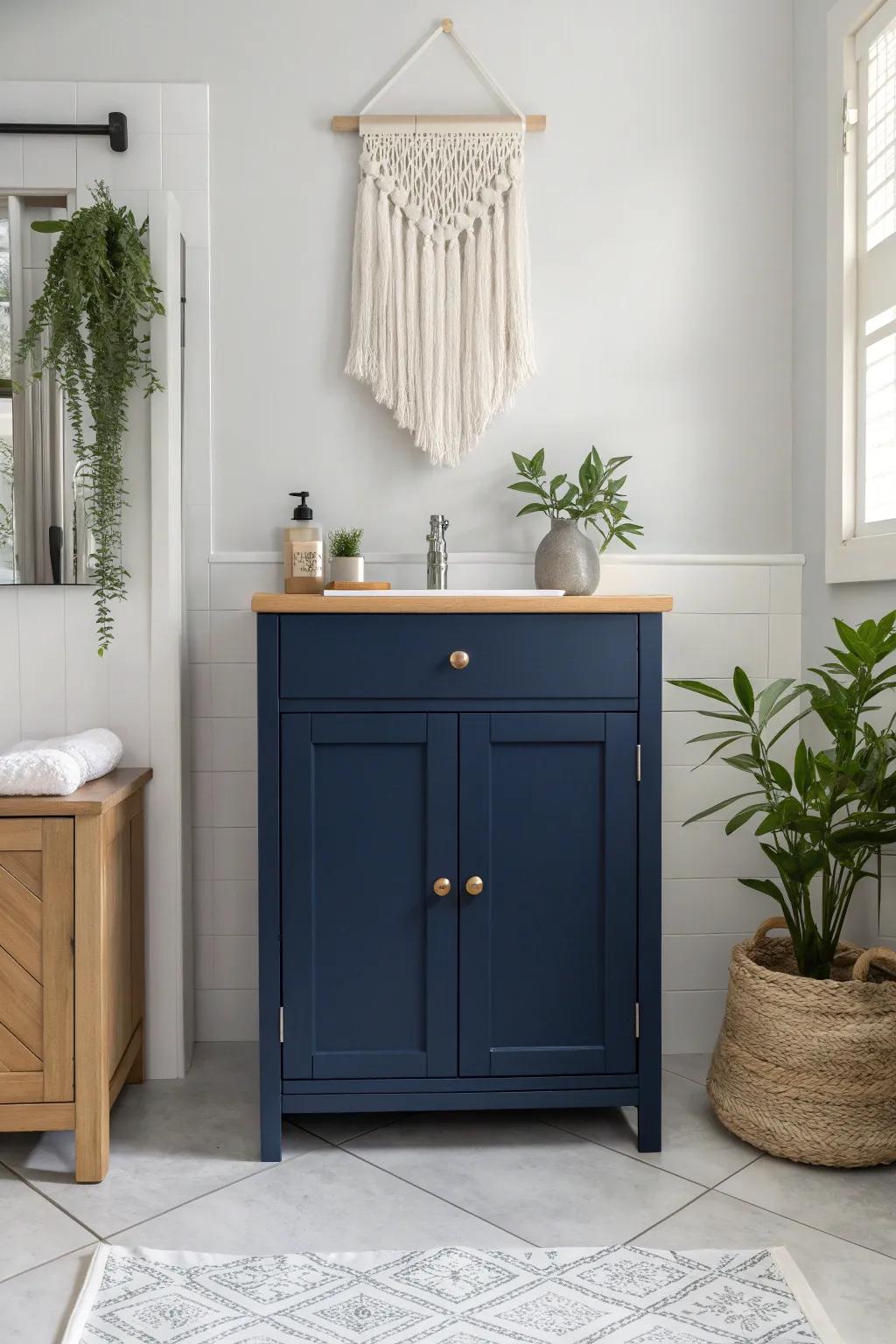 Transform your bathroom with a bold navy blue cabinet for a touch of elegance and minimalist charm.