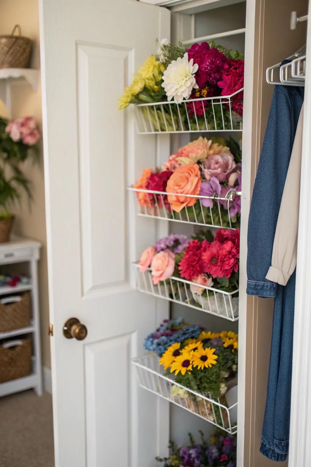 Maximize vertical space with wire shelves for easy access to your faux flowers.